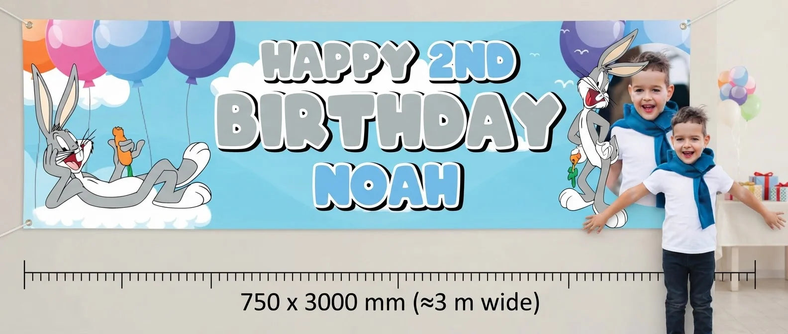 Person standing beside the Bugs Bunny Birthday Banner for scale, with size guide showing 750 x 3000 mm