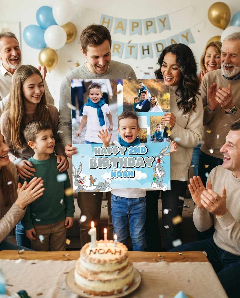Friends and family celebrating with the personalised Bugs Bunny Mega Card