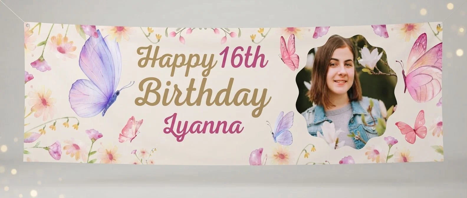 Personalised Butterfly Birthday Party Banner displayed against a plain studio background