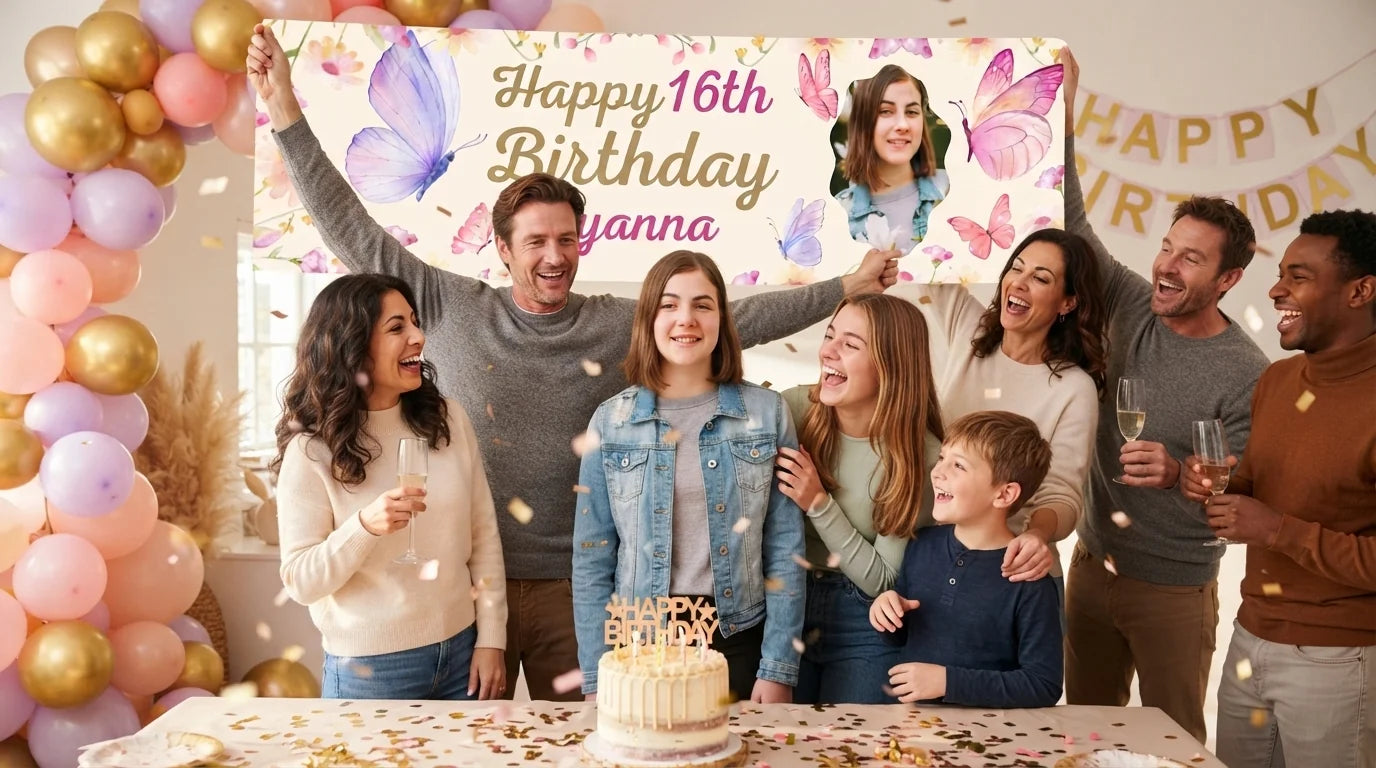 Friends and family celebrating with the personalised Butterfly Birthday Party Banner