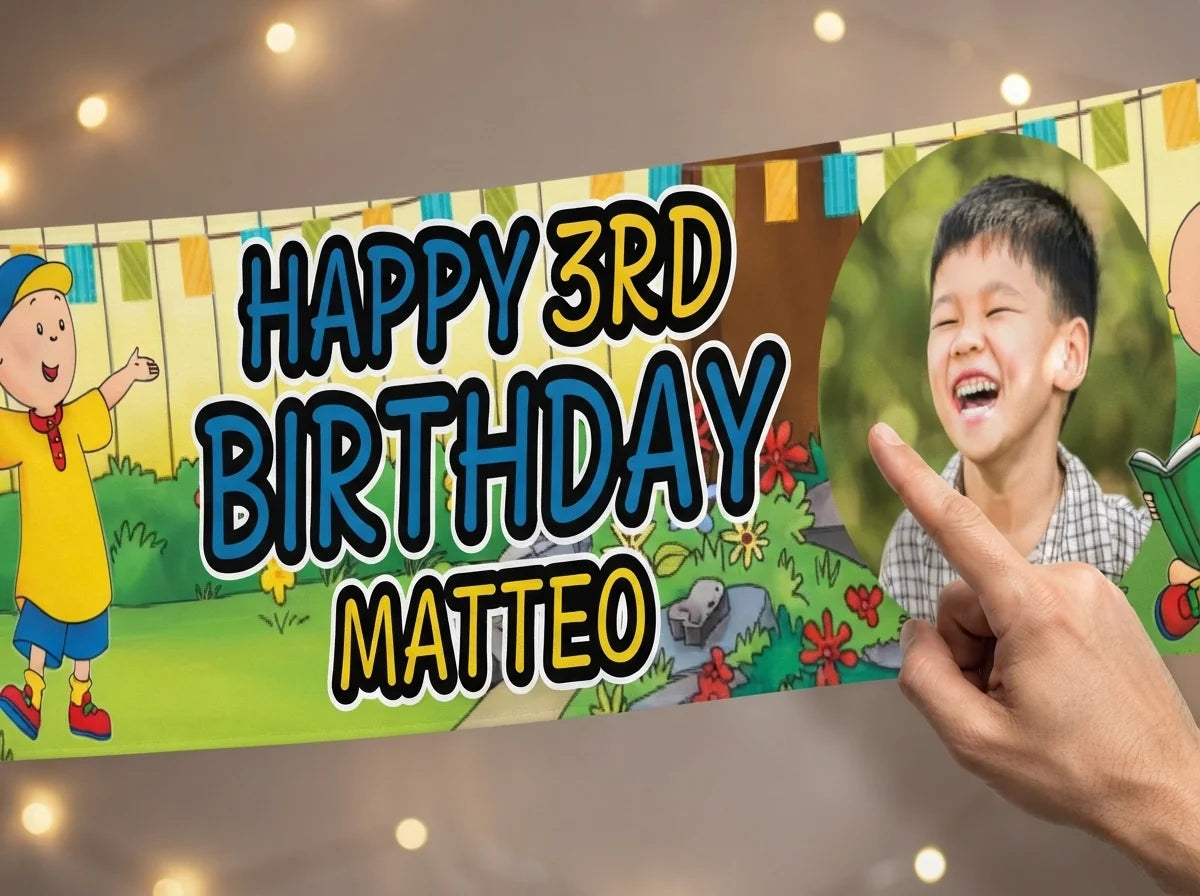 Close-up of the personalised name and photo printed on the Caillou Birthday Banner