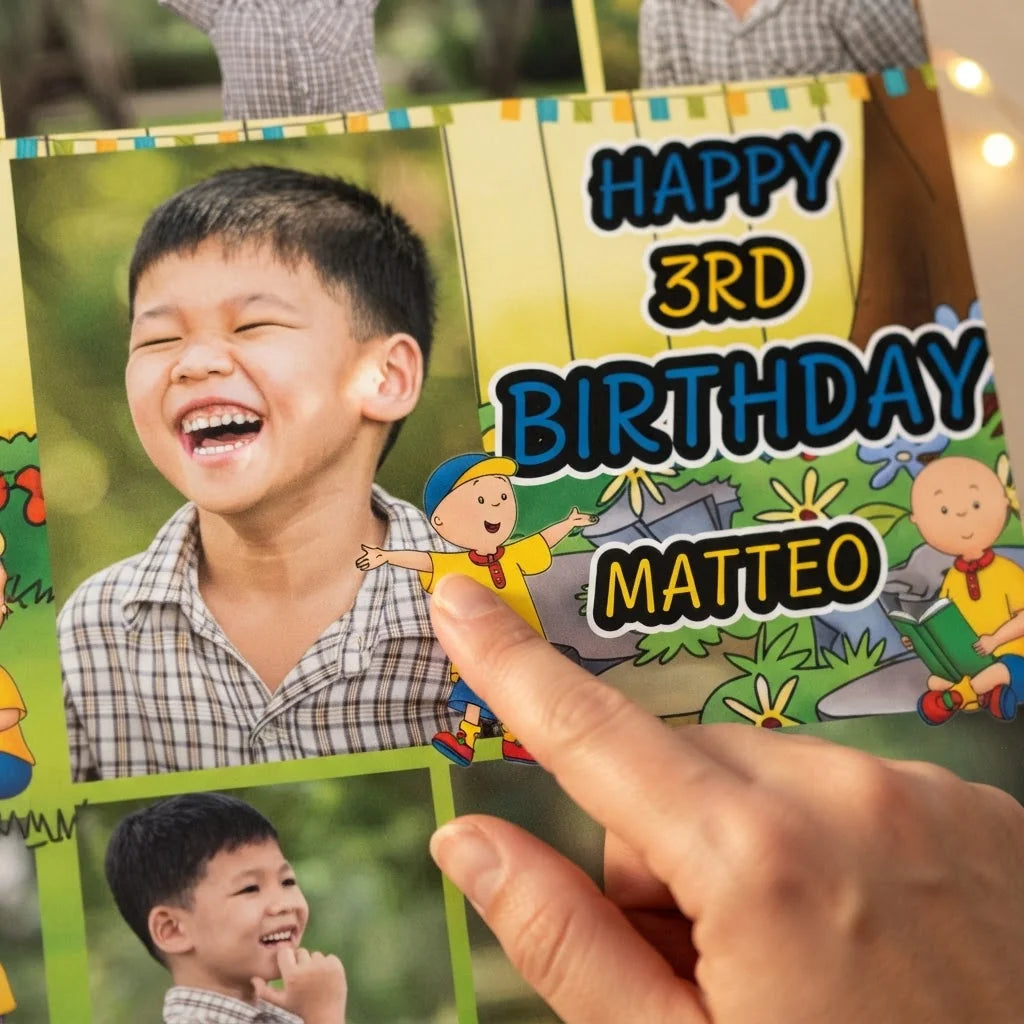 Close-up of the personalised name and photo printed on the Cailou Mega Card