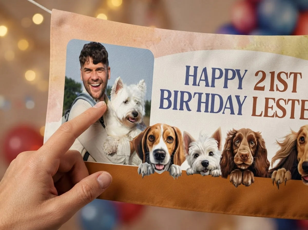Close-up of the personalised name and photo printed on the Calling Party Animals Birthday Party Banner