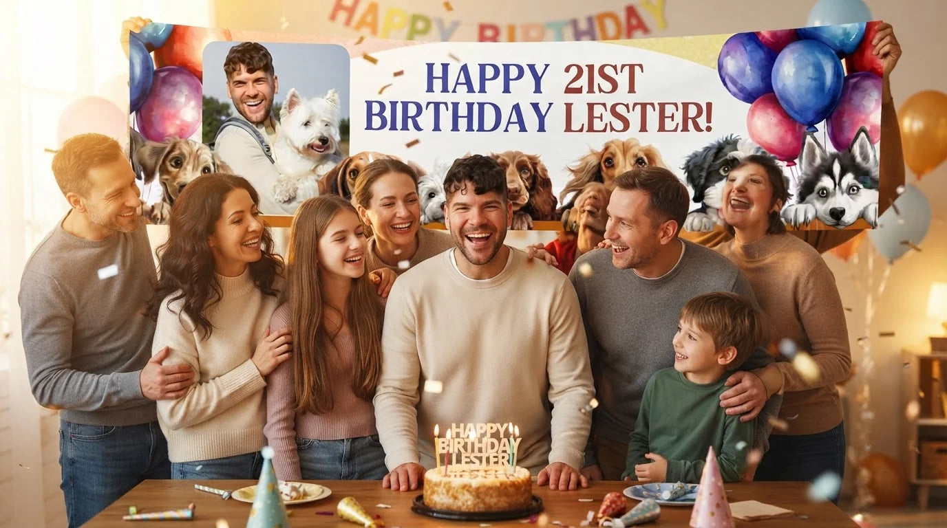 Friends and family celebrating with the personalised Calling Party Animals Birthday Party Banner