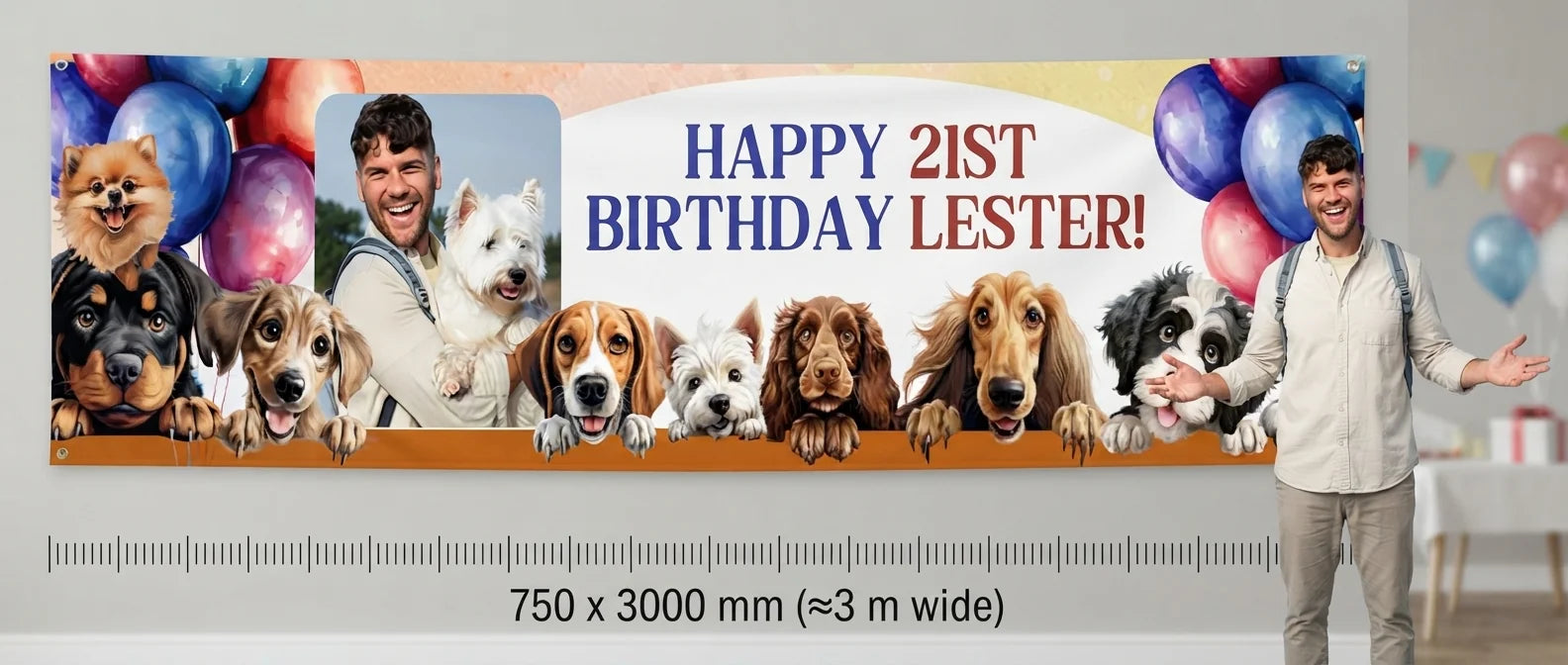 Person standing beside the Calling Party Animals Birthday Party Banner for scale, with size guide showing 750 x 3000 mm
