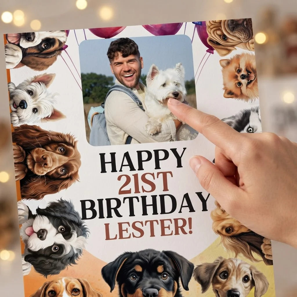 Close-up of the personalised name and photo printed on the Calling Party Animals Birthday Party Mega Card