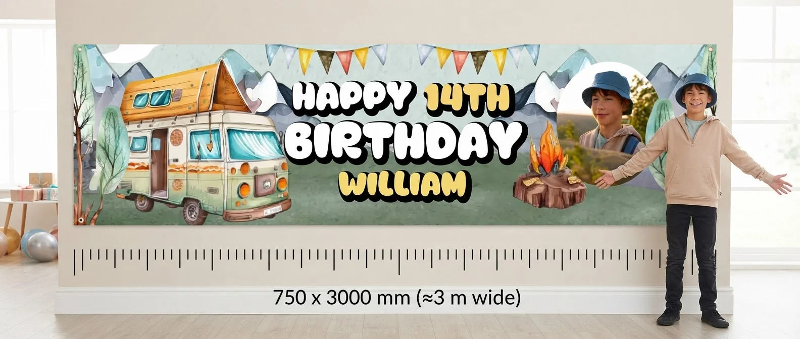 Person standing beside the Camper Van Birthday Party Banner for scale, with size guide showing 750 x 3000 mm