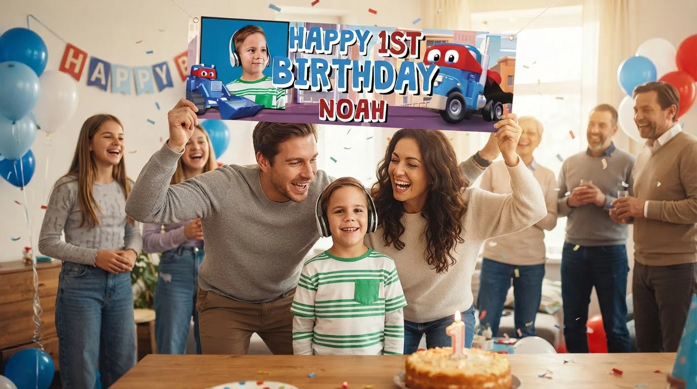 Friends and family celebrating with the personalised Carl The Super Truck Birthday Banner