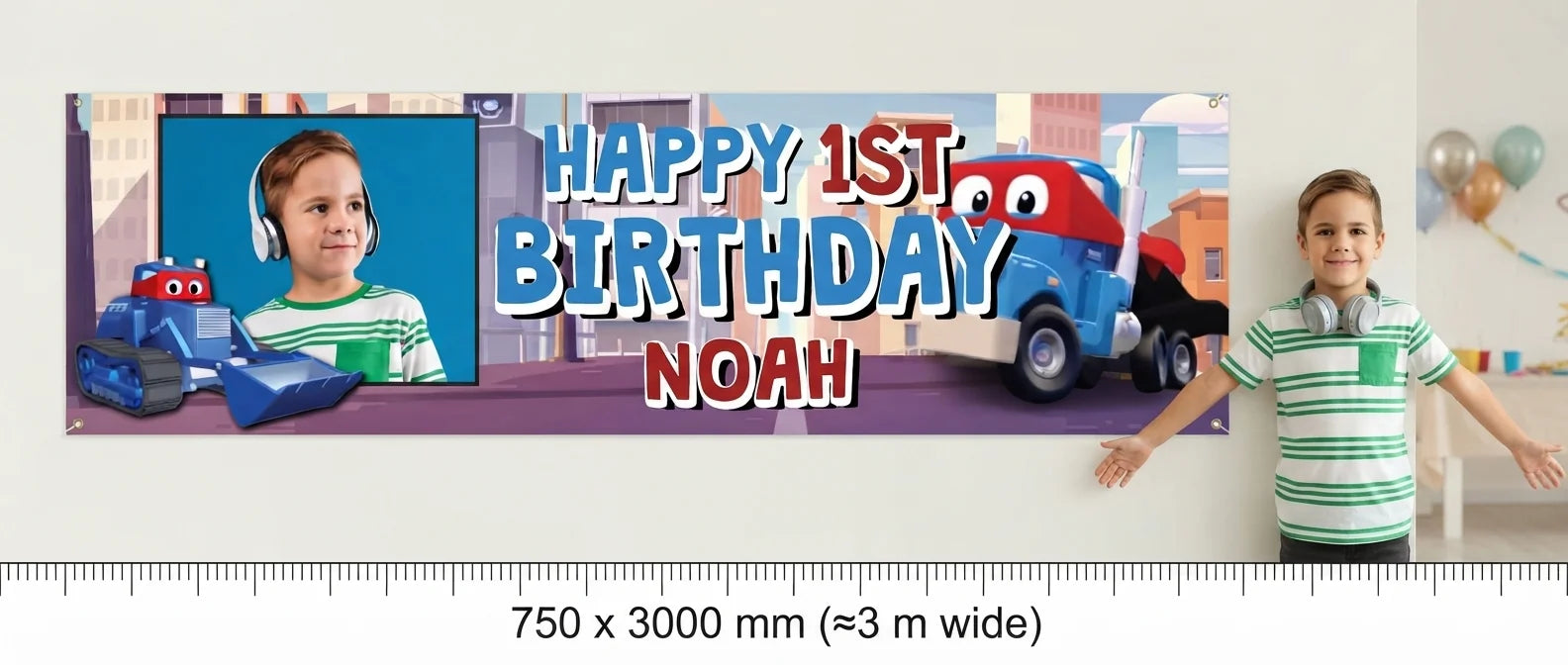Person standing beside the Carl The Super Truck Birthday Banner for scale, with size guide showing 750 x 3000 mm