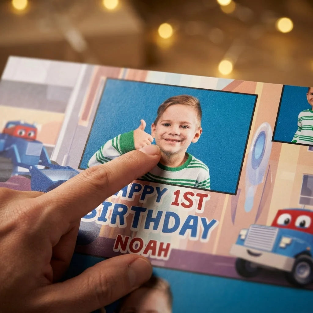 Close-up of the personalised name and photo printed on the Carl The Supertruck Mega Card