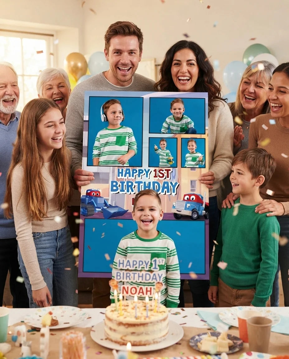 Friends and family celebrating with the personalised Carl The Supertruck Mega Card