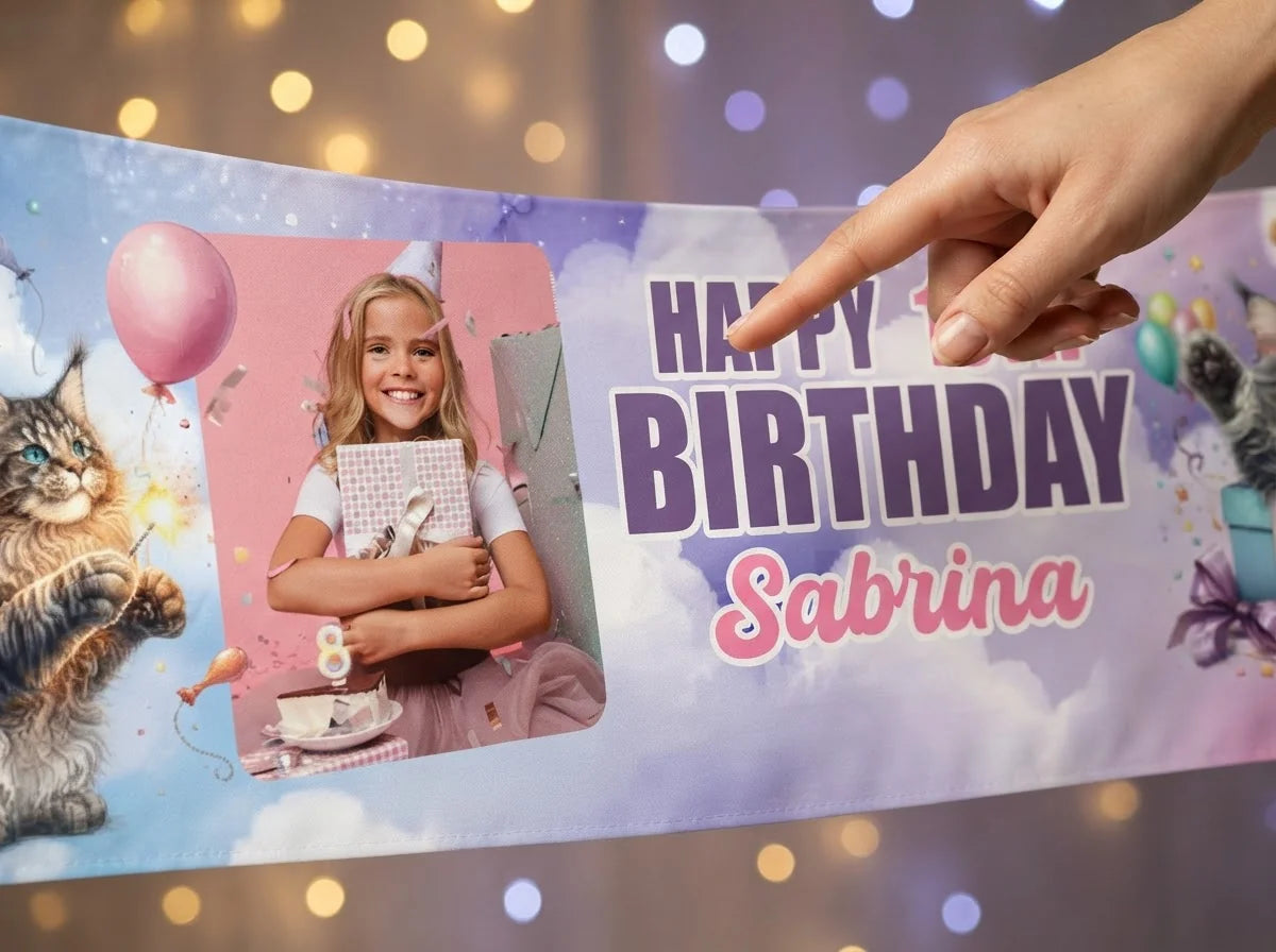 Close-up of the personalised name and photo printed on the Cat Lover Birthday Party Banner