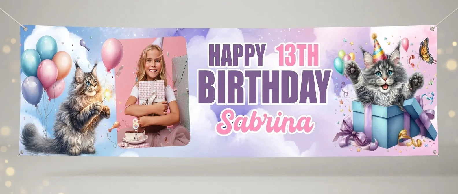 Personalised Cat Lover Birthday Party Banner displayed against a plain studio background