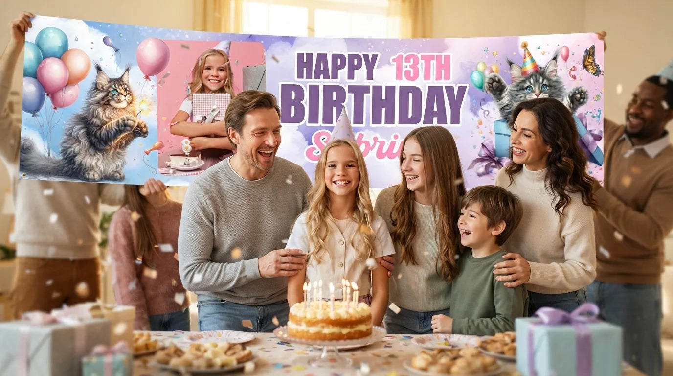 Friends and family celebrating with the personalised Cat Lover Birthday Party Banner