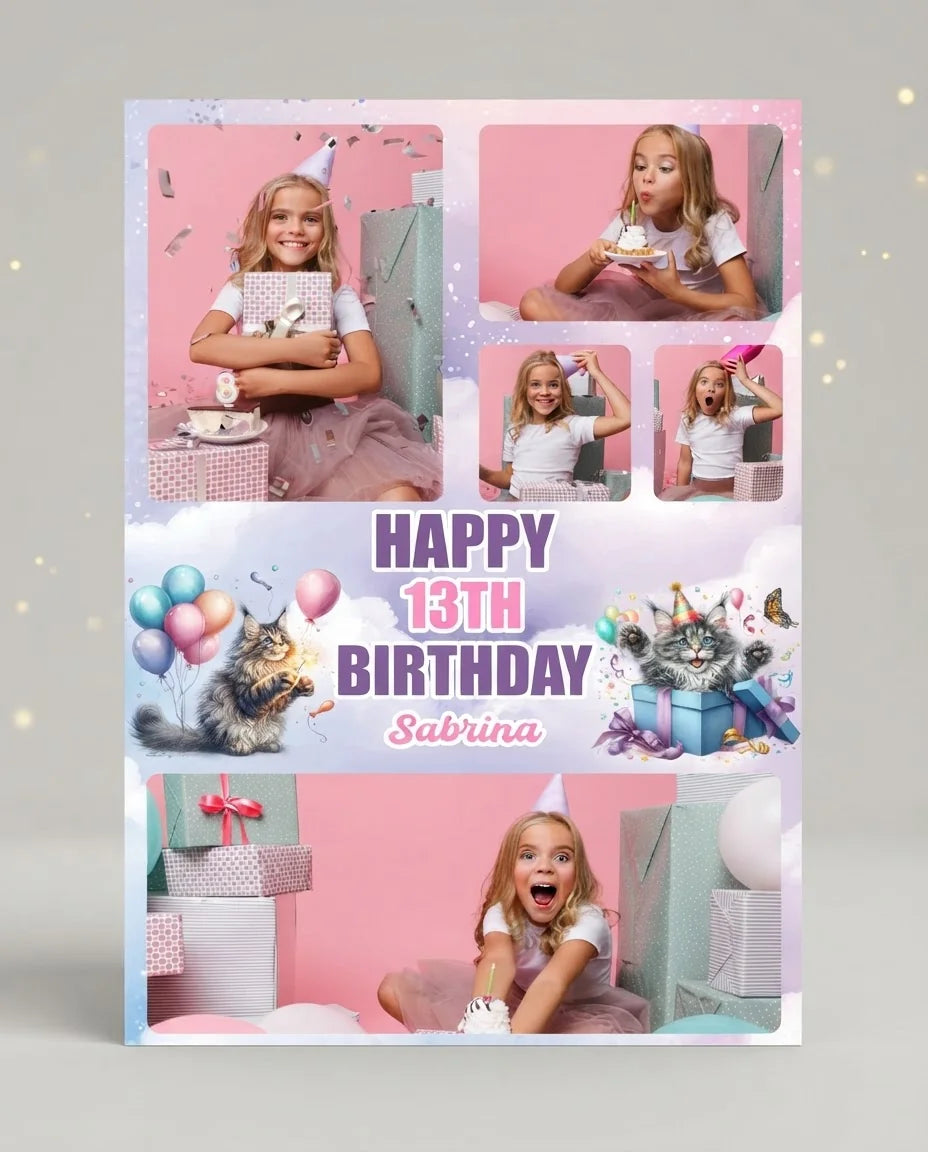 Personalised Cat Lover Birthday Party Mega Card displayed against a plain studio background