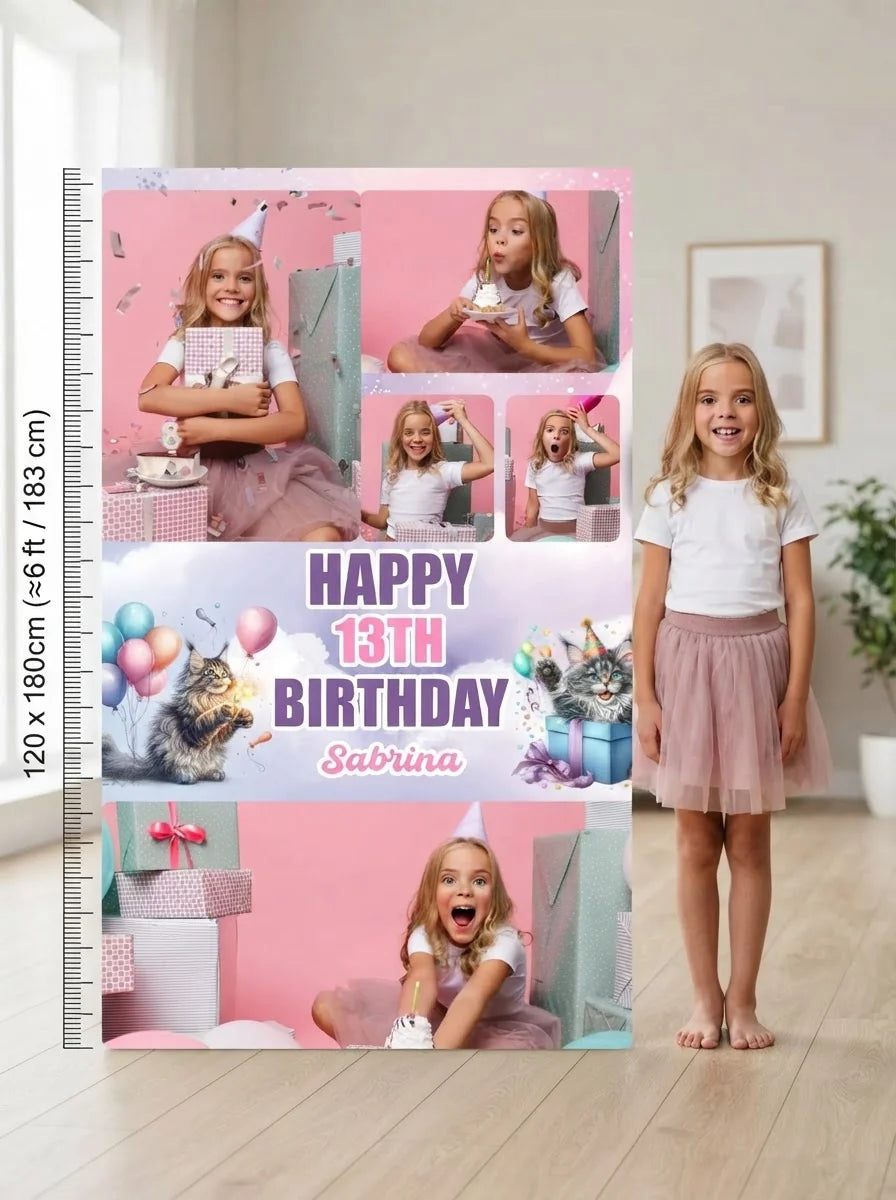 Person standing beside the Cat Lover Birthday Party Mega Card for scale in a size guide