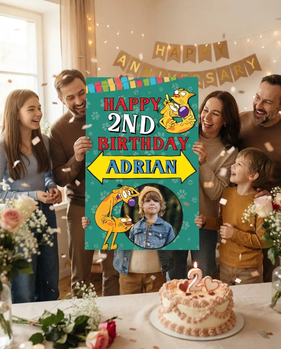 Friends and family celebrating with the personalised Catdog Mega Card