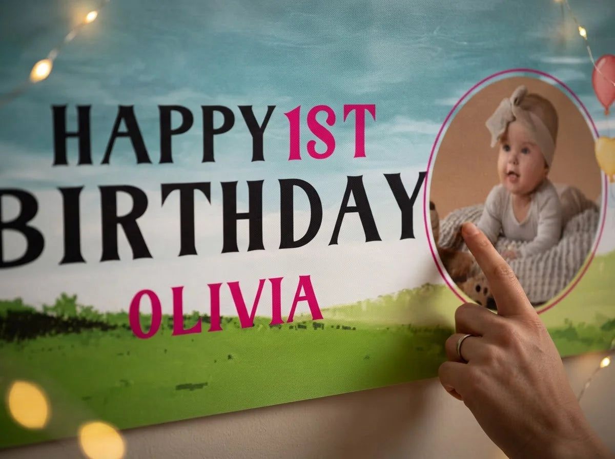 Close-up of the personalised name and photo printed on the Charlie and Lola Birthday Banner