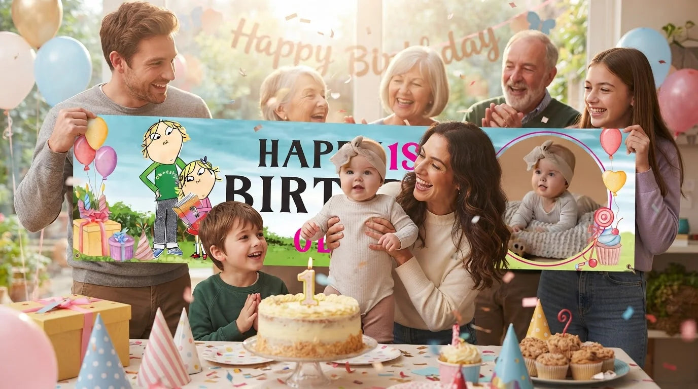 Friends and family celebrating with the personalised Charlie and Lola Birthday Banner