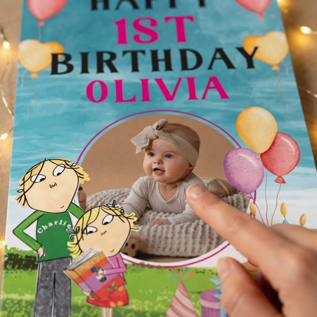 Close-up of the personalised name and photo printed on the Charlie and Lola Mega Card