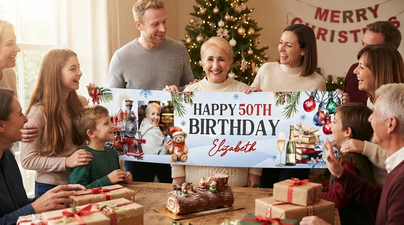 Friends and family celebrating with the personalised Christmas Train Birthday Party Banner