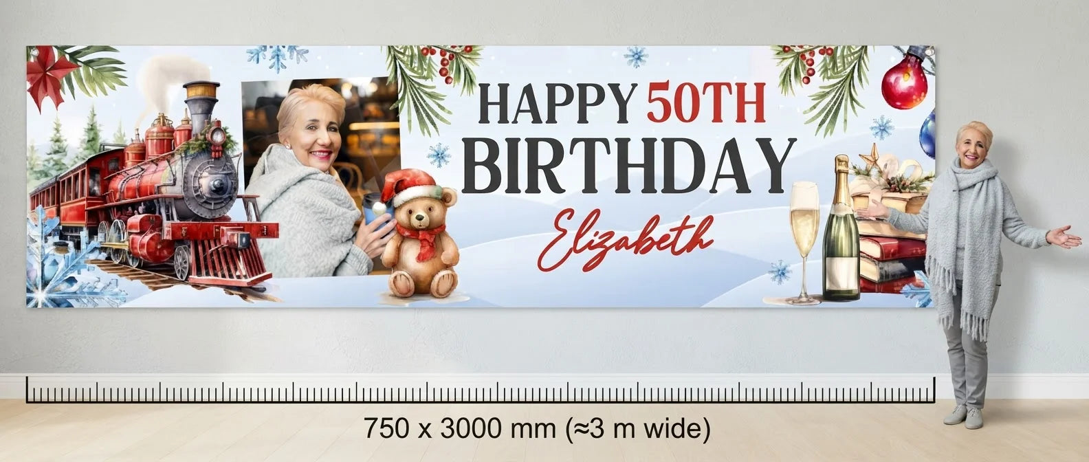Person standing beside the Christmas Train Birthday Party Banner for scale, with size guide showing 750 x 3000 mm