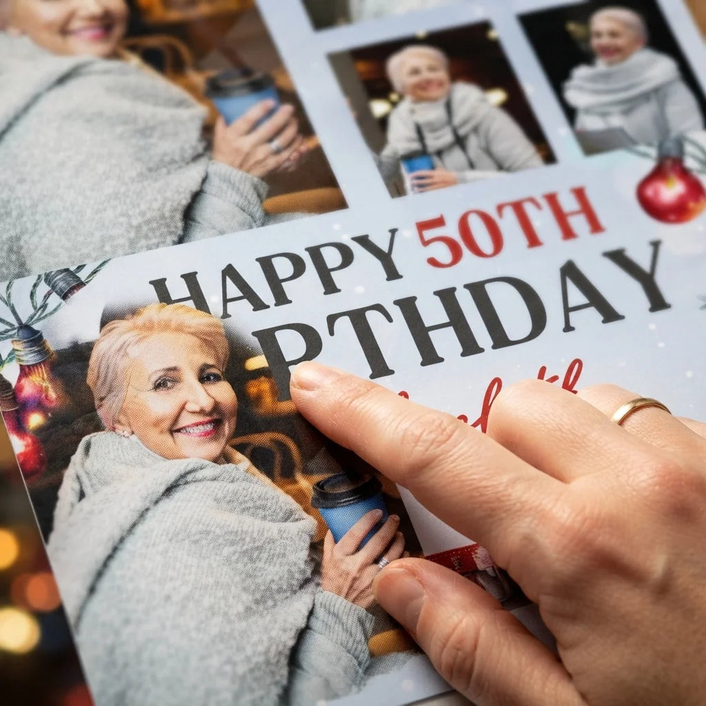 Close-up of the personalised name and photo printed on the Christmas Train Birthday Party Mega Card