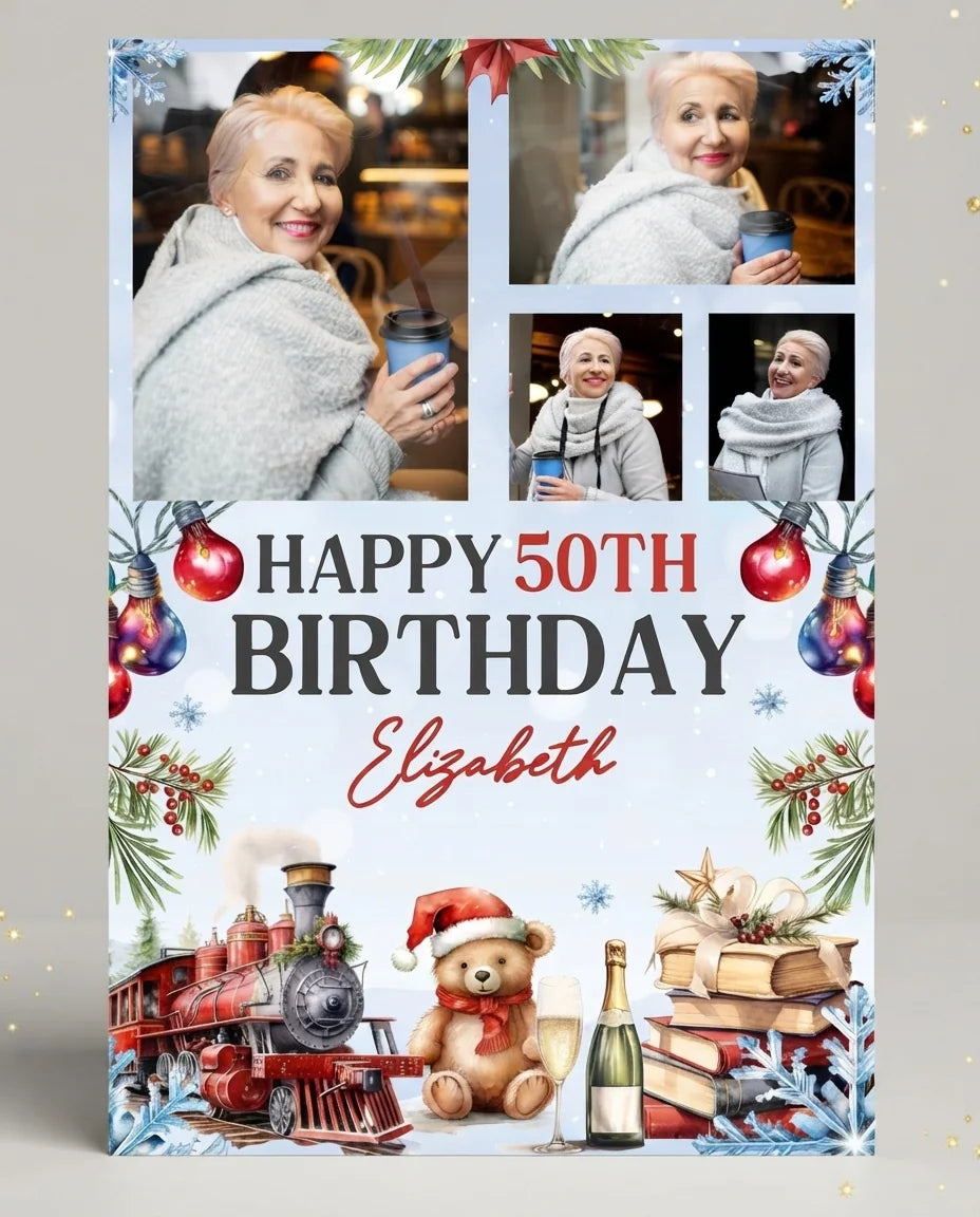 Personalised Christmas Train Birthday Party Mega Card displayed against a plain studio background