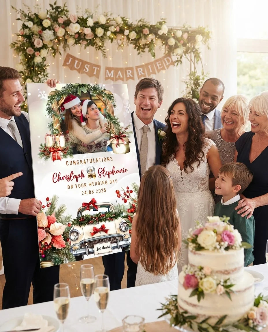 Friends and family celebrating with the personalised Christmas Wedding Theme Wedding Mega Card