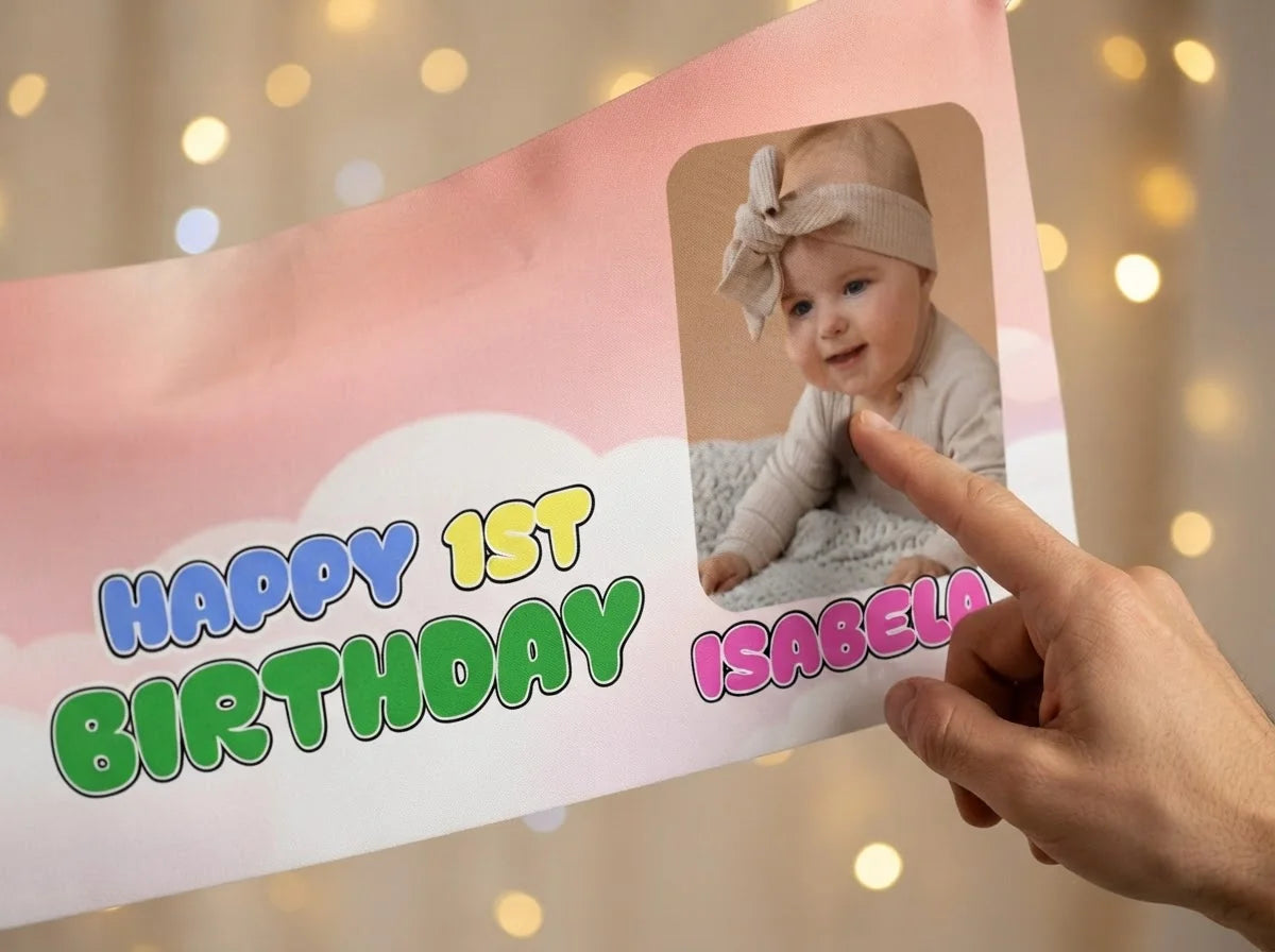 Close-up of the personalised name and photo printed on the Cloud Babies Birthday Banner