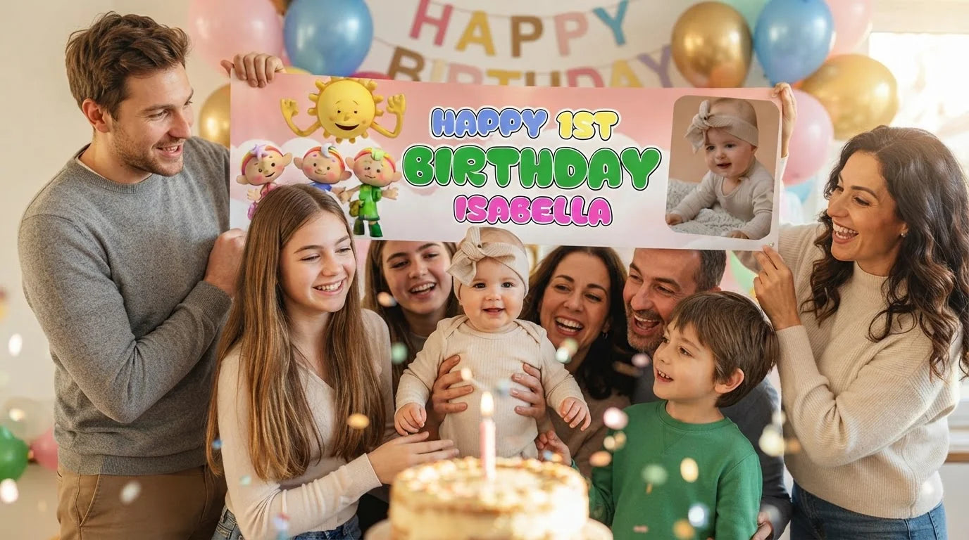 Friends and family celebrating with the personalised Cloud Babies Birthday Banner