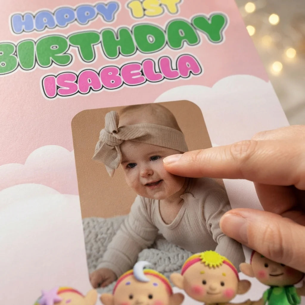 Close-up of the personalised name and photo printed on the Cloud Babies Mega Card