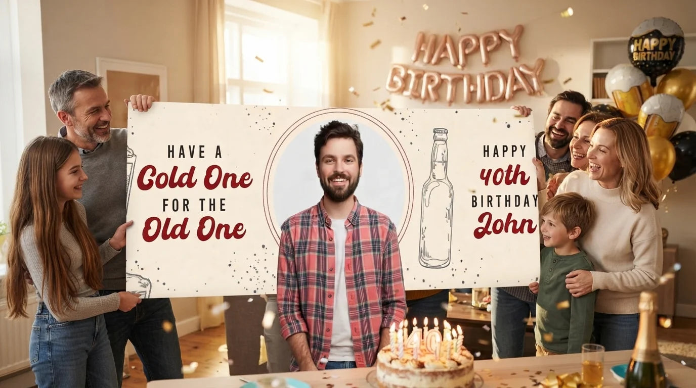 Friends and family celebrating with the personalised Cold One For The Old One Birthday Party Banner