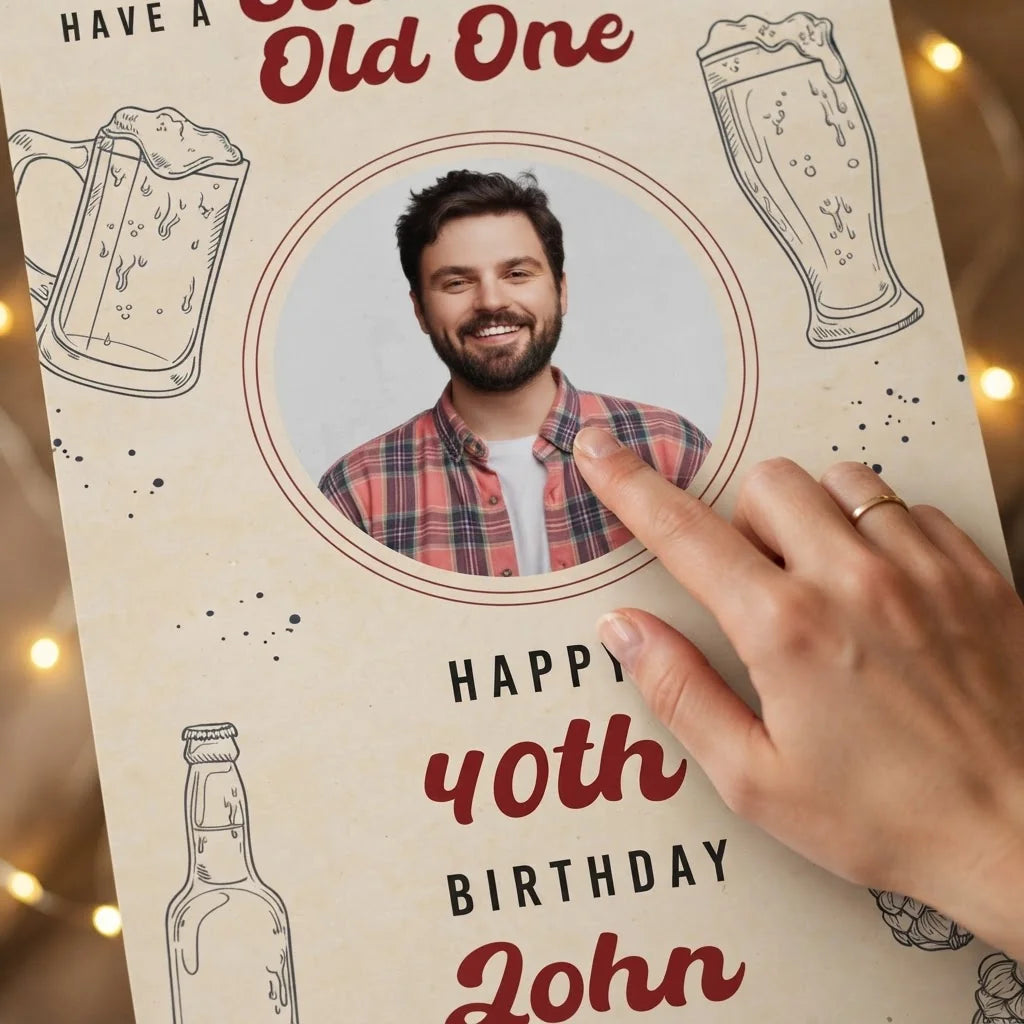 Close-up of the personalised name and photo printed on the Cold One For The Old One Birthday Party Mega Card