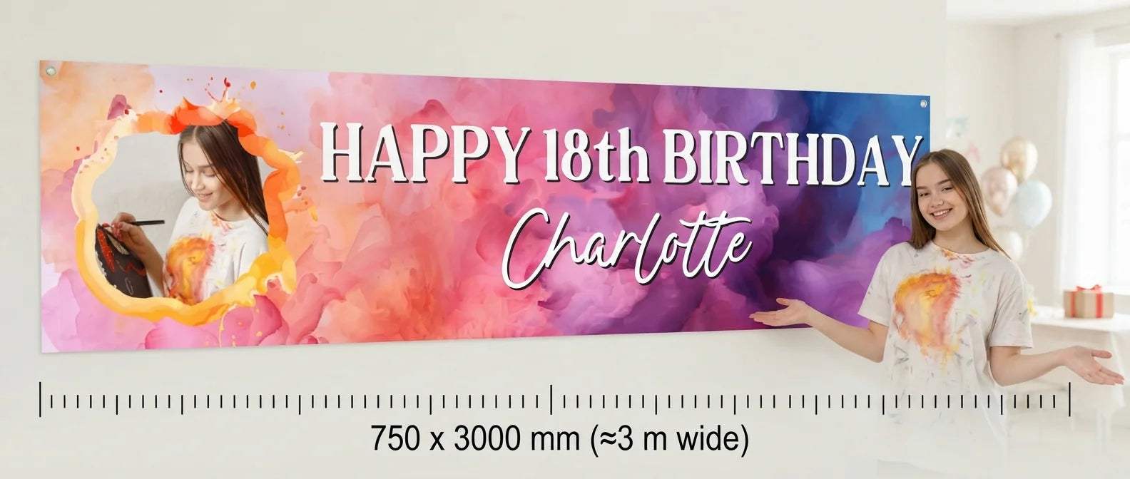 Person standing beside the Colorful Watercolor Theme Birthday Party Banner for scale, with size guide showing 750 x 3000 mm