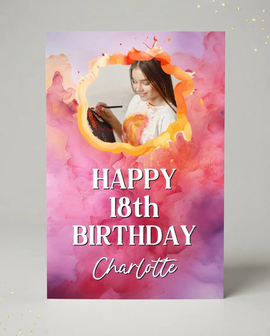 Personalised Colorful Watercolor Theme Birthday Party Mega Card displayed against a plain studio background