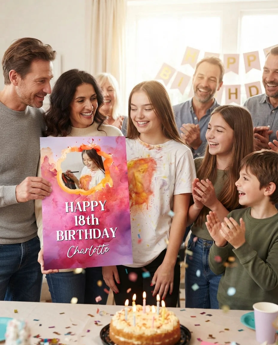 Friends and family celebrating with the personalised Colorful Watercolor Theme Birthday Party Mega Card