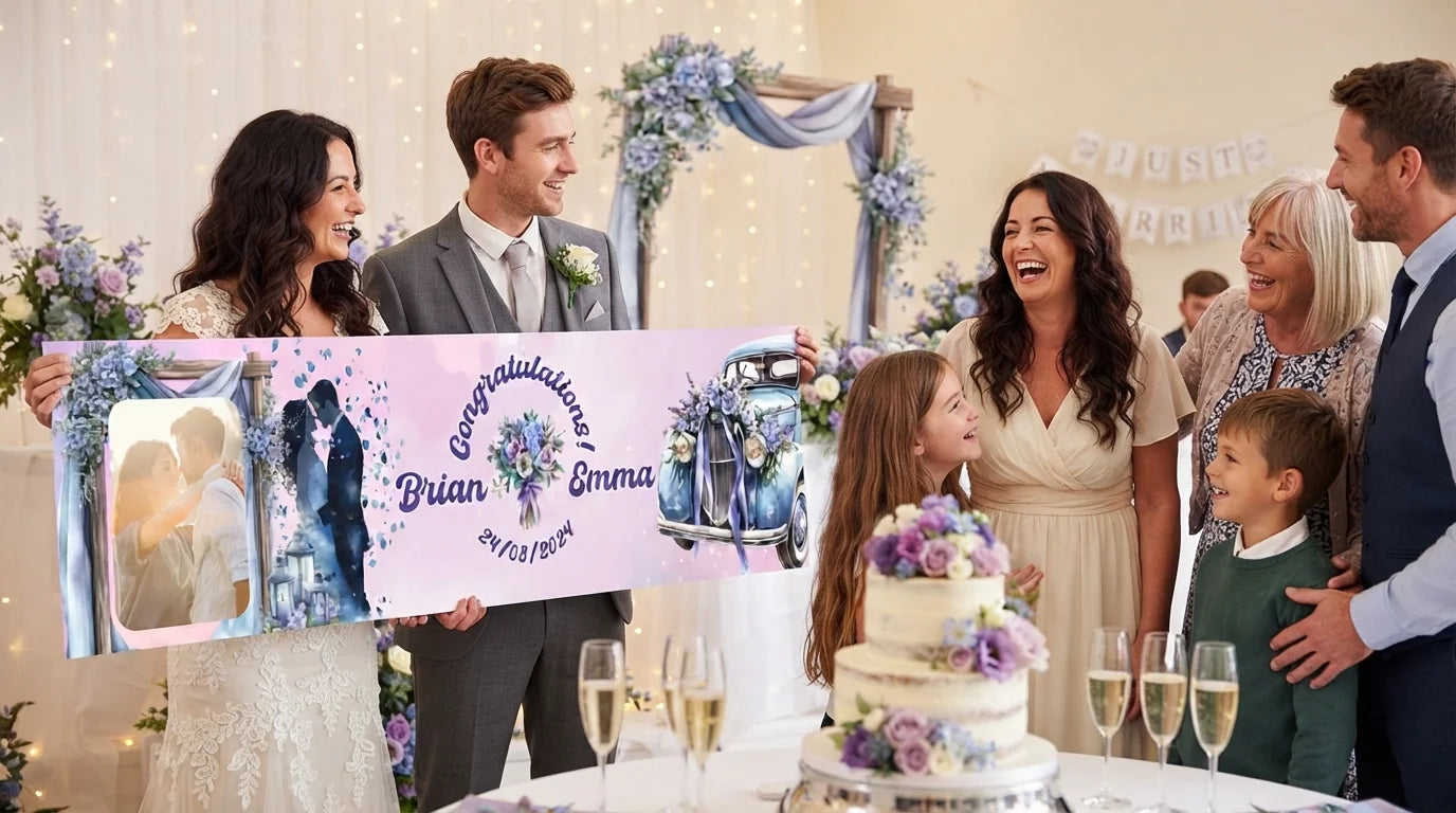 Friends and family celebrating with the personalised Coquette Winter Theme Wedding Banner