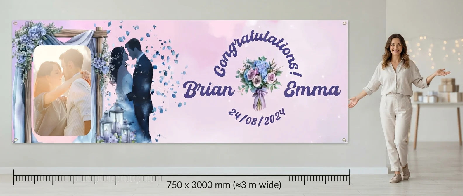 Person standing beside the Coquette Winter Theme Wedding Banner for scale, with size guide showing 750 x 3000 mm