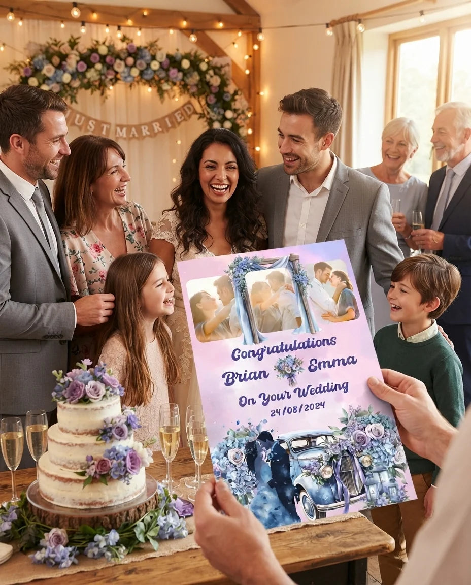 Friends and family celebrating with the personalised Coquette Winter Theme Wedding Mega Card