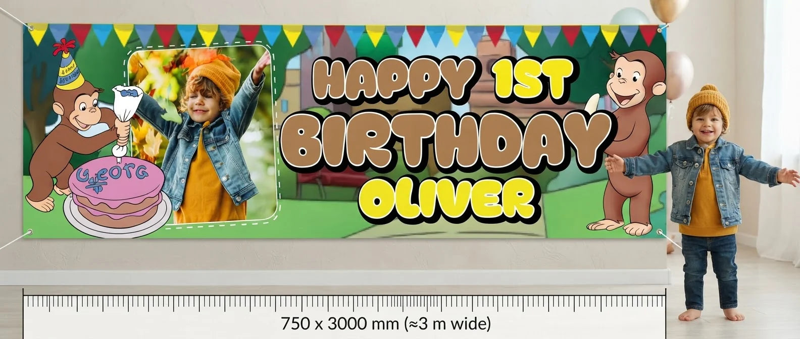 Person standing beside the Curious George Birthday Banner for scale, with size guide showing 750 x 3000 mm