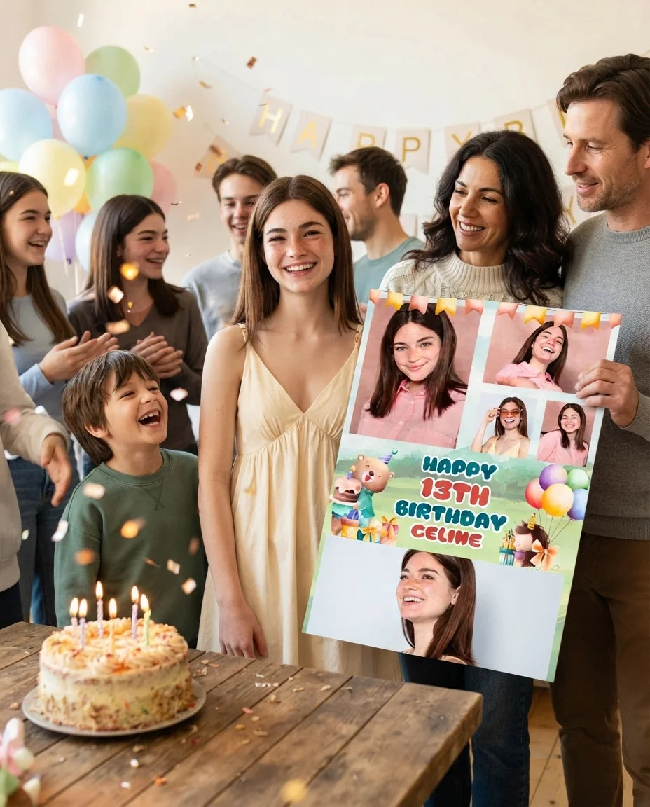 Friends and family celebrating with the personalised Cute Animals Birthday Party Mega Card