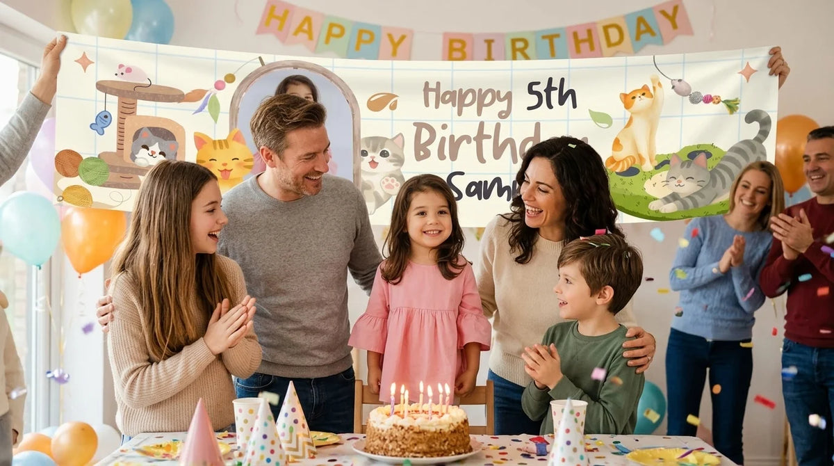 Friends and family celebrating with the personalised Cute Cat Lover Birthday Party Banner