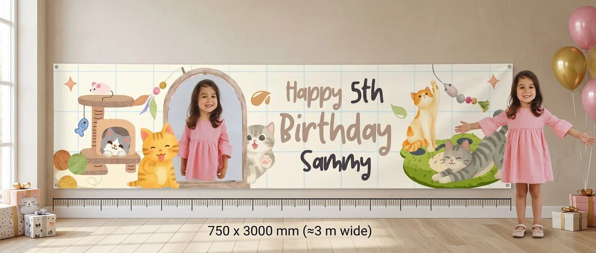 Person standing beside the Cute Cat Lover Birthday Party Banner for scale, with size guide showing 750 x 3000 mm