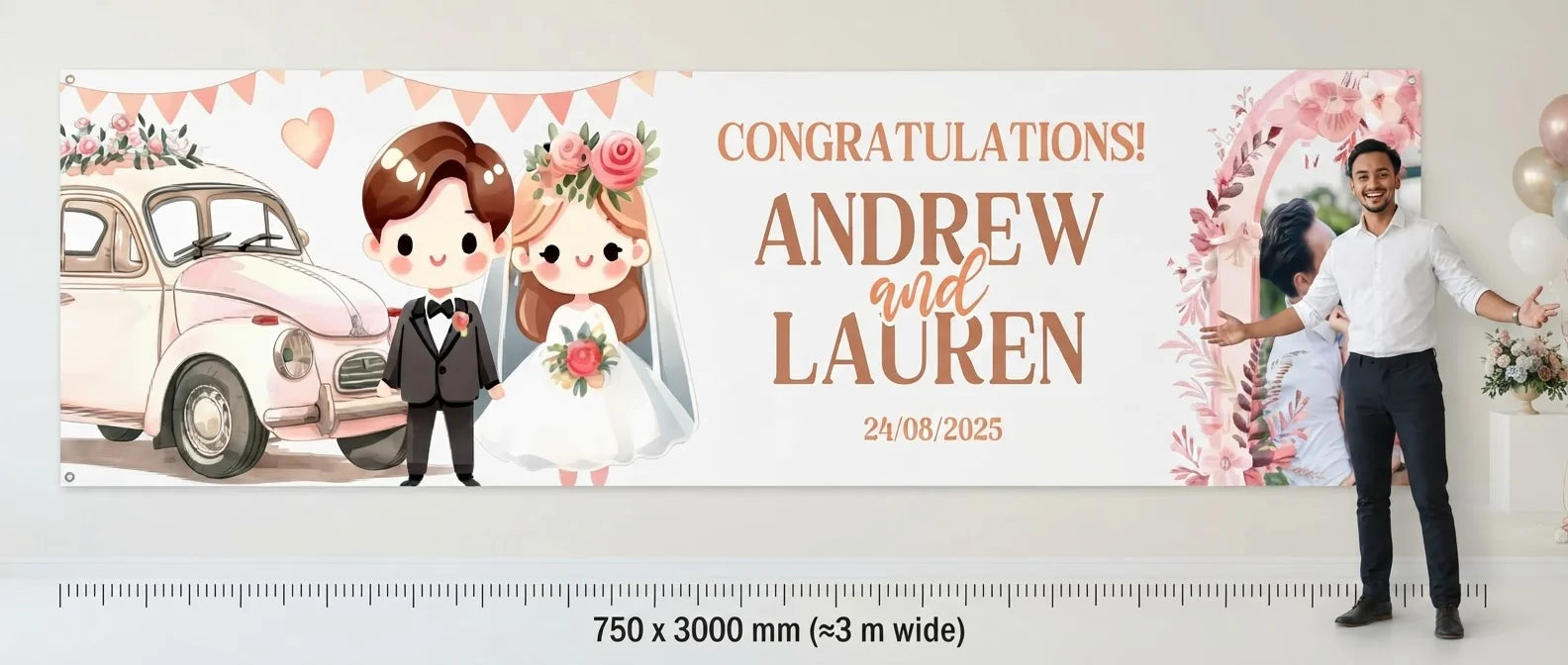Person standing beside the Cute Pink Theme Wedding Banner for scale, with size guide showing 750 x 3000 mm
