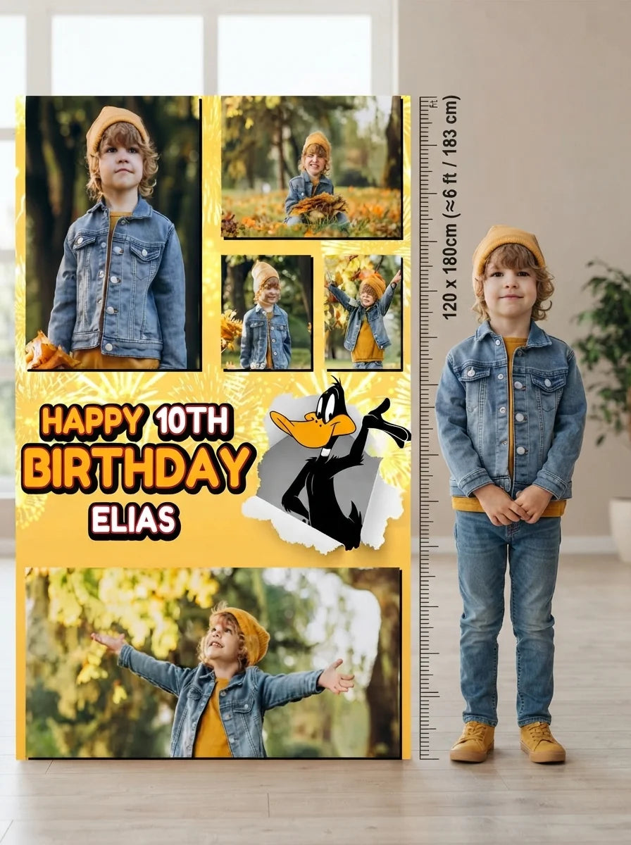 Person standing beside the Daffy Duck Mega Card for scale in a size guide