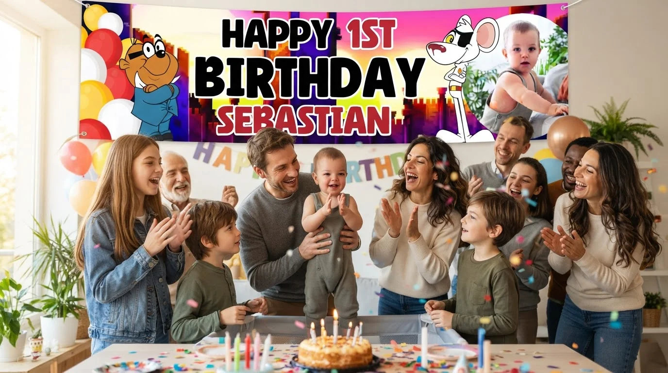 Friends and family celebrating with the personalised Danger Mouse Birthday Banner