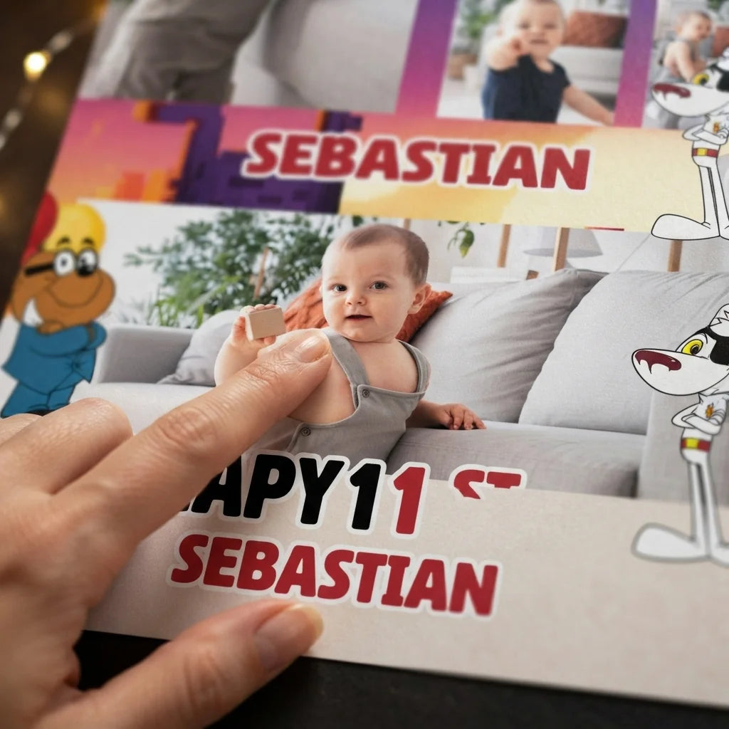 Close-up of the personalised name and photo printed on the Danger Mouse Mega Card
