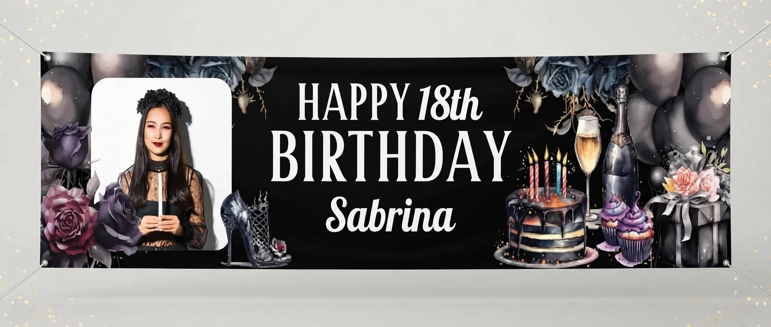 Personalised Dark Gothic Birthday Party Banner displayed against a plain studio background