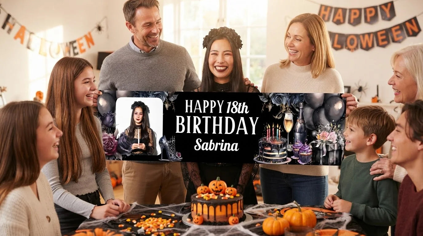 Friends and family celebrating with the personalised Dark Gothic Birthday Party Banner